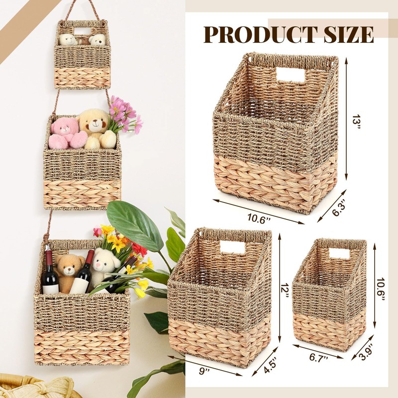 Cinnvoice Set of 3 Wicker Wall Magazine Basket, Magazine Holder