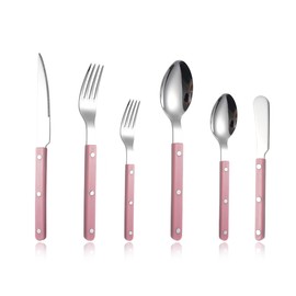 Rivet ABS Faux Wood Handle Silverware Set - 6-Piece Stainless Steel Flatware with Steak Knife, Fork, Spoon, Teaspoon, Dessert Fork and Butter Knife - Elegant Tableware Cutlery for Dining (Pink)