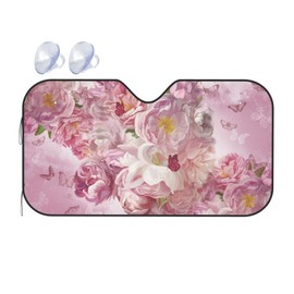 VunKo Front Window Car Sun Shade Windshield - Pink Flowers Butterflies Oil Paint Foldable Cute Funny Sunshade for Car Truck SUV -Blocks Uv Rays Visor Shield Cover Keep Your Vehicle Cool Medium