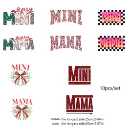 10pcs Mama-MINI Merry Christmas Dtf Transfers Ready to Press Bow Iron on Stickers Heat Transfer Decal Patches Vinyl for Backpack DIY Craft (Mother's Day DIY Decorations for Mother Daugther Family