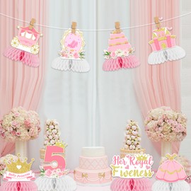 Funmemoir Her Royal Fiveness Birthday Decorations 8pcs Princess 5th Birthday Honeycomb Centerpieces Castle Crown Carriage Honeycomb Table Decorations for Girls Princess Party Decorations 5 Year Old
