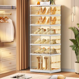 CIMLORD 6-Tier Foldable Shoe Rack for Closet Entryway 6-12Pairs,Stackable Clear Shoe Storage Boxes Organizer with Door Plastic Small Shoe Cabinet Bins with Lids Narrow Shoe Shelf Easy Assembly
