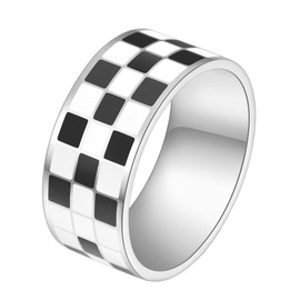 PAMTIER Unisex Titanium Steel Simple Irregular Black and White Checkerboard Pattern Signet Ring Couple Wedding Band Matching Set Silver Size 8