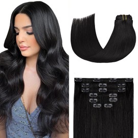 Aison Natural Black Clip in Hair Extensions Real Human Hair 70G 100% Remy Human Hair 22 In Clip in Extensions Soft Silky Straight 7pcs 16clips