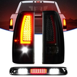 LED Tail Light + 3rd Brake Light Kit for Chevy Silverado 1500 2500 HD 1999-2002, for GMC Sierra 1500 2500 HD 1999-2003 Fleetside Bedtype, Rear Brake Cargo Lamp Taillight Assembly, Smoke Lens