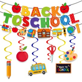 Pre-Strung First Day of School Banner, Happy First Day of School Glitter Decor, Glitter Garland & Hanging Swirls Set, Welcome Back Decor for Home Photo Props Kindergarten Preschool 1st Grade