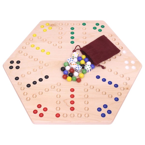 AmishToyBox.com Wahoo Marble Board Game Set - 16" Wide - Solid Maple Wood - Double-Sided - with 16mm Marbles and Dice Included