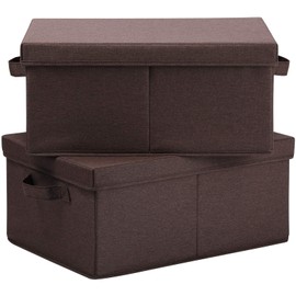 HOONEX Linen Foldable Storage Bins with Lids, 2 Pack, Storage Boxes with Carrying Handles and Sturdy Heavy Cardboard, 16.5" L x 11.8" W x 7.5" H for Shoes, Clothes, Brown