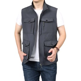 LOUECHY Men's Travel Vest Multi Pockets Utility Vest Lightweight Sleeveless Jacket for Hiking Fishing Golf 3896-0/Grey-S