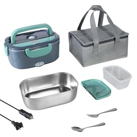 Electric Lunch Box 60-80W Food Heater, 3in1 Ultra Quick Heated Lunch Boxes for Adults, 12V/24V/110V Portable Food Warmer for Car/Truck/Office With SS Fork Spoon and Insulated Carry Bag(green)