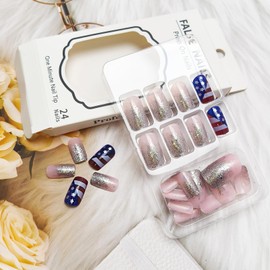 French Tip Press on Nails Short Square Independence Day Fake Nails with American Flag Design 4th of July Star Glue on False Nail Silver Glitter French Tip Artificial Stick on Nail for Women 24Pcs