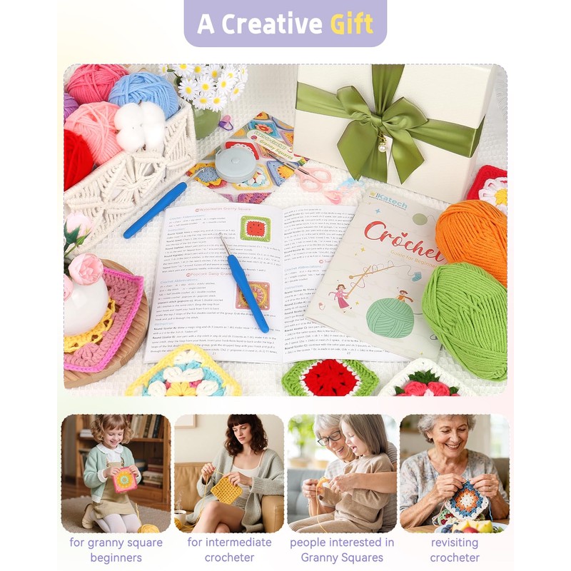 Katech Crochet Kit for Beginners, 50 Granny Squares Crochet Kits