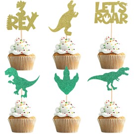 UXYOKM 24Pcs Dinosaur Cupcake Toppers Glitter 3 Rex Roar Dino Theme Cupcake Picks Three Years Old Kids Boy Third Birthday Baby Shower Party Decorations Supplies