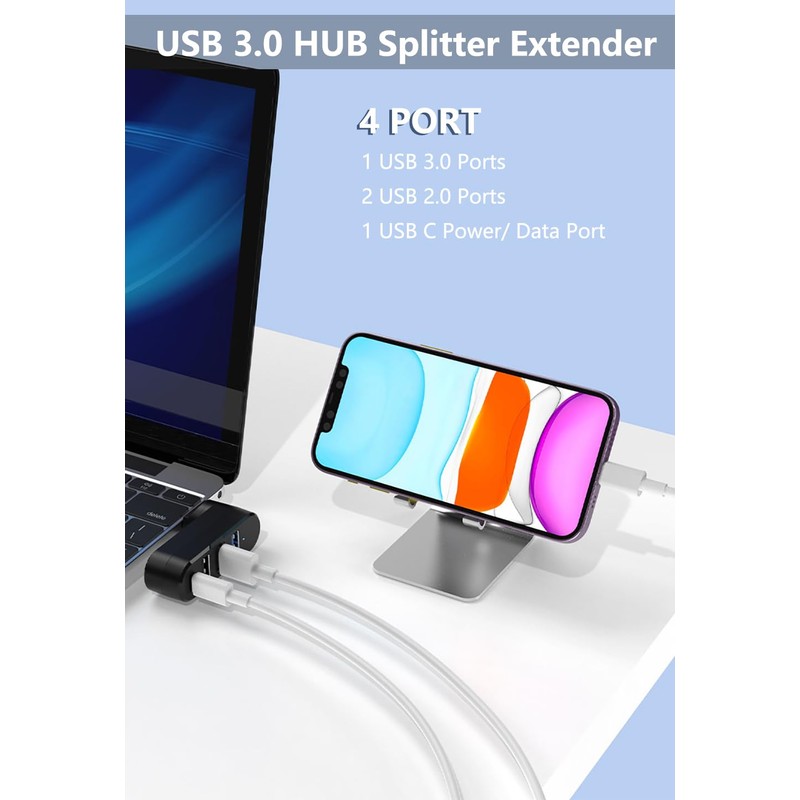 4Ports USB 3.0 Hub [90°/180° Degree Rotatable], USB Splitter Extender