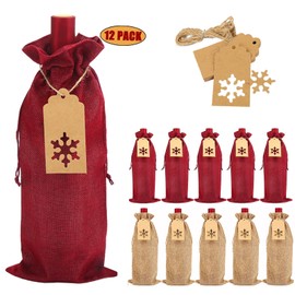 DERAYEE Burlap Wine Gift Bags, 12Pcs Christmas Jute Wine Bottle Bags with Drawstrings, Reusable with Tags for Party