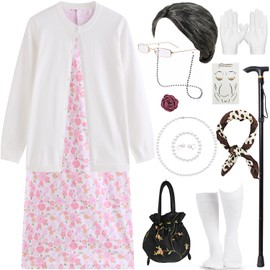 16 Pcs Old Lady Costume for Kids 100th Day of School Grandma Costume Girls Toddler Granny Cosplay Nightgown White Knitwear with Dress Accessories Glasses Cane Wig Necklace Bracelet Earrings DY023M
