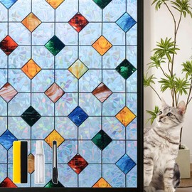 DKTIE Colorful Gem Lattice Pattern Decorative Window Privacy Film Rainbow Stained Glass Window Film Classroom Decor Renter Friendly Decor (S533 - Rainbow, 35.4in X 78.7in)