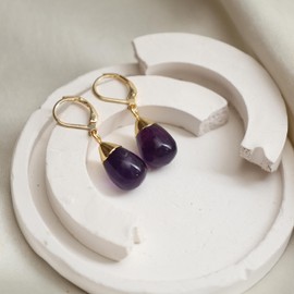 Gempires Purple Amethyst Teardrop Dangle Gemstone Earrings For Women, February Birthstone Jewelry with Hypoallergenic 14k Yellow Gold Plated Leverback, Everyday Wear, Gift for Mom, Wife, Girlfriend