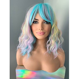 The Extension Room Pastel Rainbow Body Wave Synthetic Wig with Bangs – 14-Inch Multicolor Wig, Natural-Looking, Lightweight Adjustable Cap, Perfect for Cosplay, Festivals, and Everyday Wear