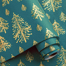 Flyhill Kraft Christmas Wrapping Paper-Green 3D Embossed Gold Foil Christmas Pine Tree with Woodlands for Birthday,Holiday,Party (17 Inch X 33 Feet,46.8 Sq.ft)