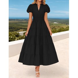 ZESICA Women's Summer Casual Maxi Dress 2025 Puff Short Sleeve V Neck Ruffle Tiered Flowy Boho Beach Dresses,Black,Large