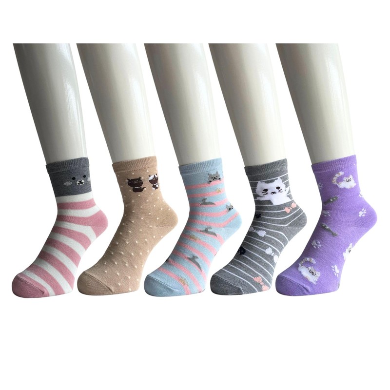 Mode Select Women's Socks, Cute, Cat Pattern, 5 Pairs Set,
