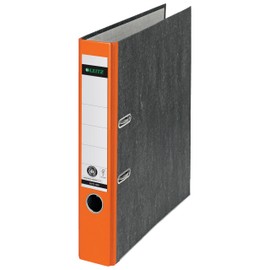 Leitz Quality Folder, The Original, Climate-Neutral, DIN A4 File Folder, Slim, 5 cm Wide, Cloudy Marble Paper, Recycled Folder, Blue Angel, with 180° Mechanism, Highest Stability, Orange, 10505045