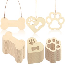 SEWACC 34pcs Wooden Bone Paw Print Cutouts Set Blank Wood Slices with Jute Rope Unfinished Wood Ornaments Tags for Pet House Crafts Project Tags