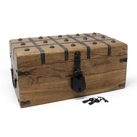Nautical Cove Wooden Treasure Chest Flat Top Lid with Padded Velvet Liner and Antique Iron Lock with Skeleton Keys - Decorative Wood Storage Box (Large 14.5 x 8 x 6.75)
