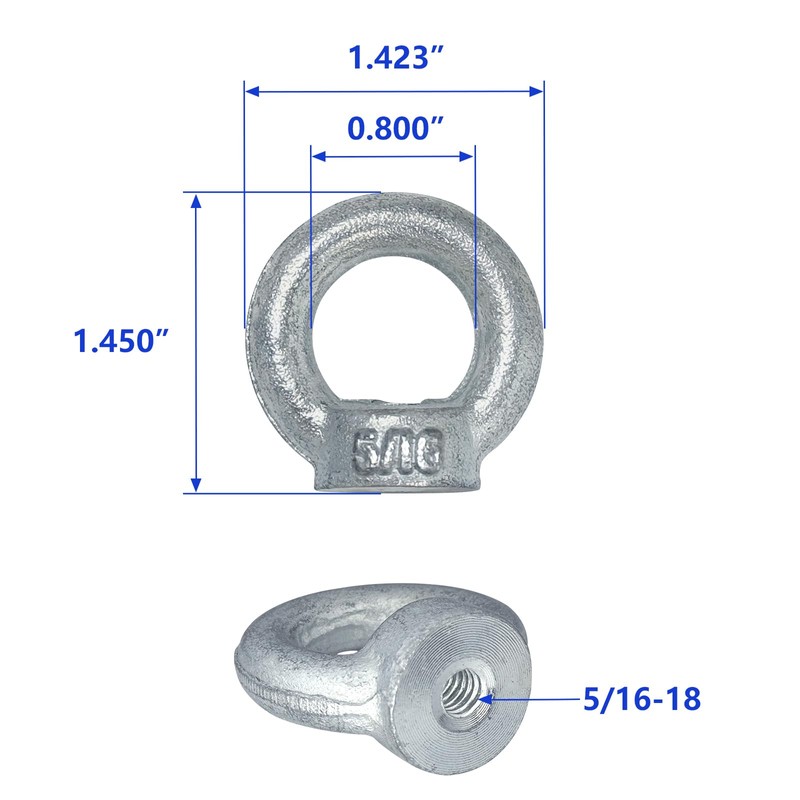5/16"-18 Lifting Eye Nuts, Drop Forged Galvanized Threaded Fastener, UNC