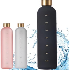 Botella de agua Deportiva 1 litro motivacional ligera con marcadores de tiempo,Sin BPA y 100% de protección contra fugas,reutilizable para Gimnasio, Fitness,Entrenamiento,Viajes (Negro)