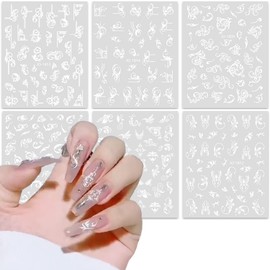 Vine Leaf Nail Art Stickers, Holographic White Vine Leaf Nail Art Transfer Decals Supplies, Bohemian Vine Leaf Nail Self-Adhesive Sticker Design Decoration for Women Manicure Art, Resin Nail Art Tips