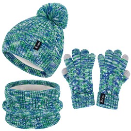 ZASFOU Children's Hat Loop Scarf Touchscreen Gloves Set 3-6-12 Years Thermal Winter Hat Tube Scarf Mittens Toddlers Knitted Pom Hats Gift for Girls Boys, green blue