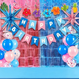 Landical 44 Pcs Cartoon Birthday Party Decorations with Pink and Blue Backdrop, Foil Star Balloons, Latex Balloons, Disposable Plastic Tablecloth, Birthday Banner, Hawaiian Luau Party Hanging Swirl