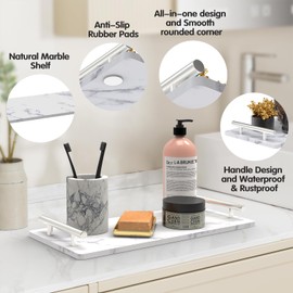 Bathroom Vanity Tray with Handle, Decorative Marble Tray for Countertop Organizer,Toilet Paper Basket Guest Towel Holder Tray for Bathroom, Cosmetic Desktop,Kitchen(Silver)