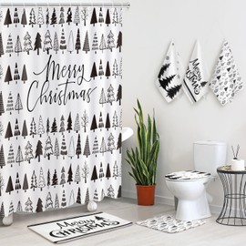 Newwiee 7 Pcs Merry Christmas Black and White Tree Shower Curtain Set Bathroom Decor Shower Curtain and Rugs Towels Toilet Mat Waterproof Watercolor Bath Curtain Winter Snow Tree Bathroom Decor