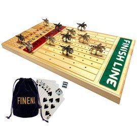 FINENI Horse Racing Game for Adults, Horse Race Board Game with 11 Luxurious Metal Horses (Silver, Black), 22” Pine Wood Horse Race Game Board, Dice & Card Included (Log Color2)