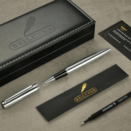 BEILUNER Luxury Silver Rollerball Pen, Stunning Bright Silver Chrome Finish,Noble and Elegant Designs,Schneider Ink Refill, Best Gift Pen for Men & Women, Professional, Executive Office, Fancy Pens