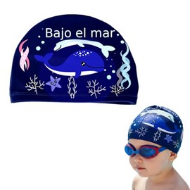 HASTHIP Proberos® Gorro de Natación para Niños y Niñas de 2-12 Años, Diseño de Delfín de Caricatura, Gorro Impermeable y Elástico para Piscina, Azul O