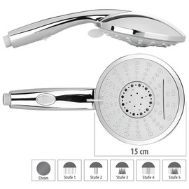 BadeStern Shower Head: XL Shower Head with Water Stop Button & 5 Jet Types, Stainless Steel Hose (Shower Head with Stop Function, Shower Head with Water Stop, Water Saving)