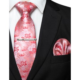 JEMYGINS Men's Floral Ties and Pocket Square Sets with Tie Clip Available in Various Colours, Pink/Crimson