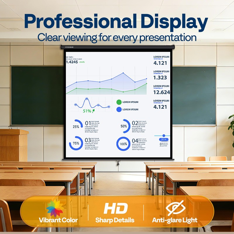 VIVOHOME 120 Inch 1:1 Pull Down Projector Screen, HD 4K