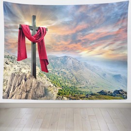 CORFOTO Fabric 106Wx70H Jesus Cross Easter Tapestry He is Risen Christ Crucifixion Faith God Gospel Peak Cross Holy Decor Wall Hangings Wall Art for Bedroom Living Room College Dorm Decor