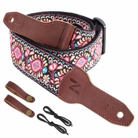 Nefelibata Banjo Strap 2" Wide Full Grain Leather Jacquard Embroidered Adjustable Replacement Guitar Strap, Pink Floral Embroidery