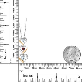 Gem Stone King 925 Silver and 10k Yellow Gold Sky Blue Aquamarine Red Garnet and White Lab Grown Diamond Triple 3 Heart Shape Pendant Necklace For Women (1.00 Cttw, with 18 Inch Chain)