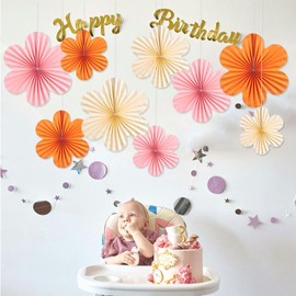 9Pcs Hanging Paper Fans, Paper Flowers Decorations, Abanicos De Papel Colgantes, Paper Floral Backdrop for Classroom Decoration, Birthdays, Rustic Weddings, Parties (Orange Purple White)