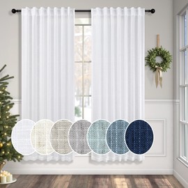 Pitalk White Linen Sheer Curtains 68 Inch Length 2 Panels for Living Room Rod Pocket Pleated Farmhouse Coastal Decor Cotton Textured Gauze Curtain for Dining Room Home Office French Door 52 x 68 Long