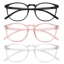 Przene Paquete de 3 Gafas de Bloqueo de Luz Azul para Mujeres/Hombres, Gafas de Ordenador Redondas Retro, Antitensión Ocular/Uv/Deslumbramiento, Gafas para Juegos. Estándar Negro/Cristal/Rosa