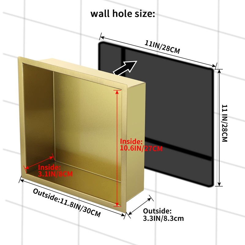 Sanbege 12"×12" Shower Niche Brushed Stainless Steel, Recessed Shower Caddy,