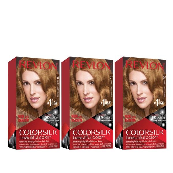 Revlon Colorsilk Beautiful Color Permanent Hair Color with 3D Gel Technology & Keratin, 100% Gray Coverage Hair Dye, 57 Lightest Golden Brown, 4.4 oz (Pack of 3)